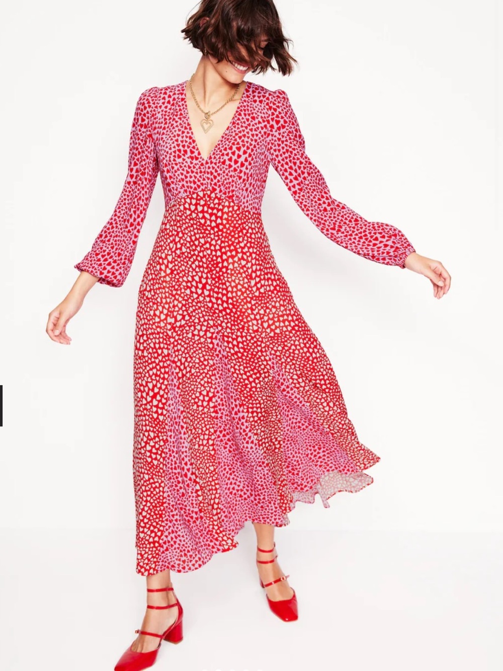 Boden Lisa Long Sleeve Tea Dress In Red and White Hearts Size 6P